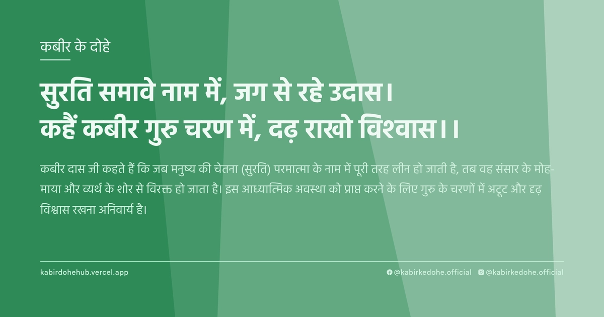 सुरति समावे नाम में, जग से रहे उदास। कहैं कबीर गुरु चरण में, दढ़ राखो विश्‍वास।।
