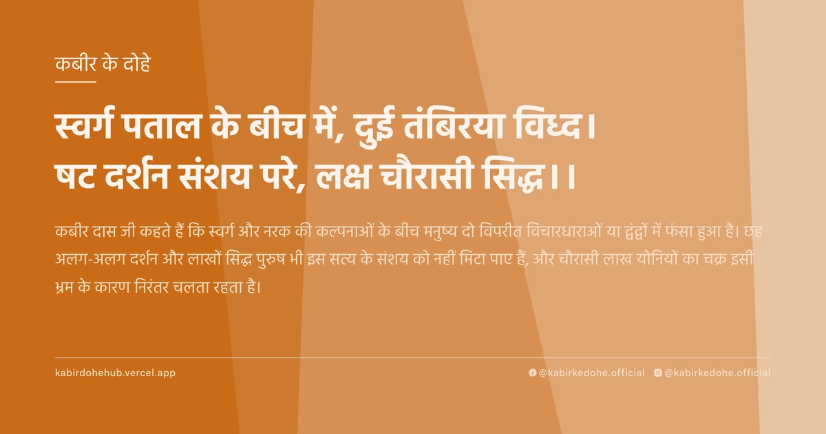 स्वर्ग पताल के बीच में, दुई तंबिरया विध्द। षट दर्शन संशय परे, लक्ष चौरासी सिद्ध।।