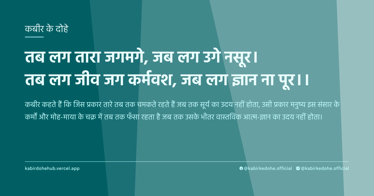 तब लग तारा जगमगे, जब लग उगे नसूर। तब लग जीव जग कर्मवश, जब लग ज्ञान ना पूर।।
