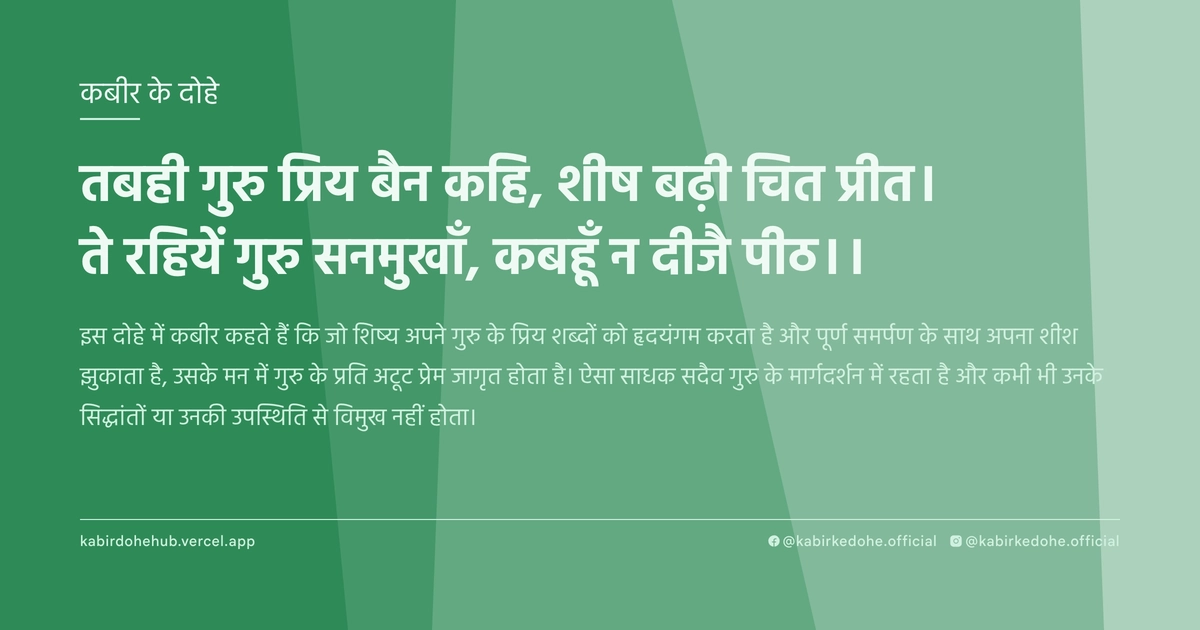 तबही गुरु प्रिय बैन कहि, शीष बढ़ी चित प्रीत। ते रहियें गुरु सनमुखाँ, कबहूँ न दीजै पीठ।।