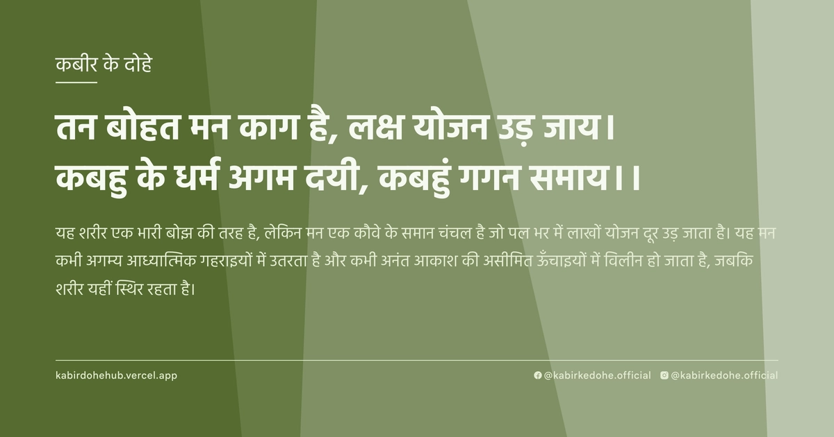 तन बोहत मन काग है, लक्ष योजन उड़ जाय। कबहु के धर्म अगम दयी, कबहुं गगन समाय।।