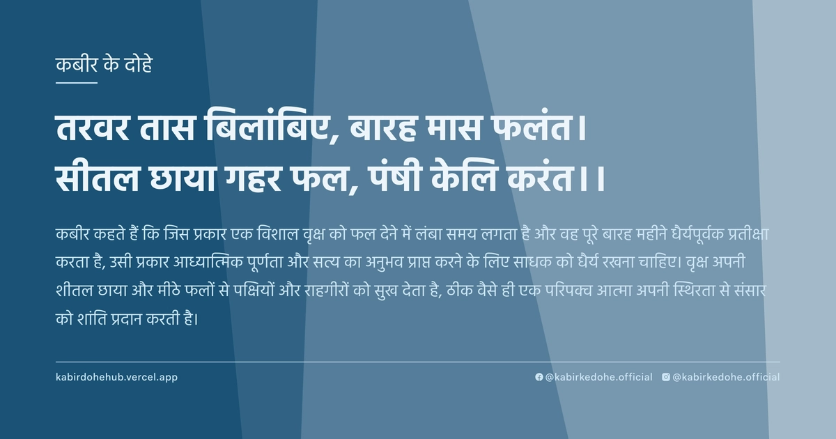 तरवर तास बिलांबिए, बारह मास फलंत। सीतल छाया गहर फल, पंषी केलि करंत।।