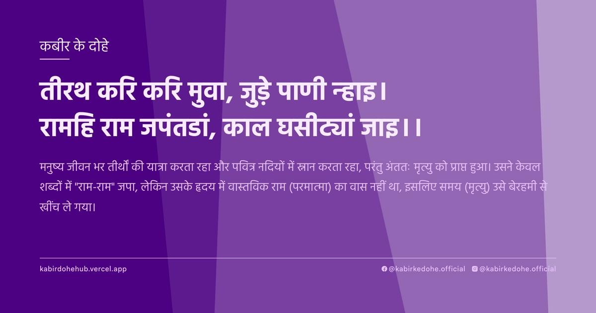 तीरथ करि करि मुवा, जुड़े पाणी न्हाइ। रामहि राम जपंतडां, काल घसीट्यां जाइ।।