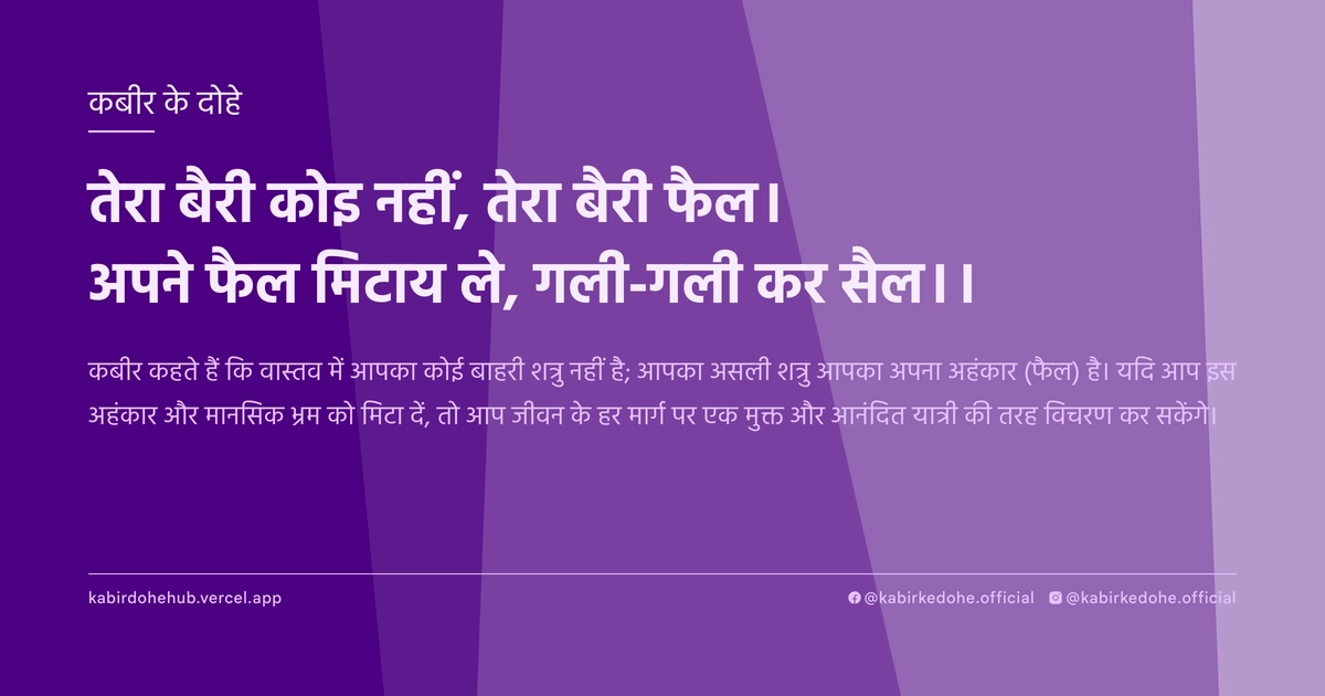 तेरा बैरी कोइ नहीं, तेरा बैरी फैल। अपने फैल मिटाय ले, गली-गली कर सैल।।