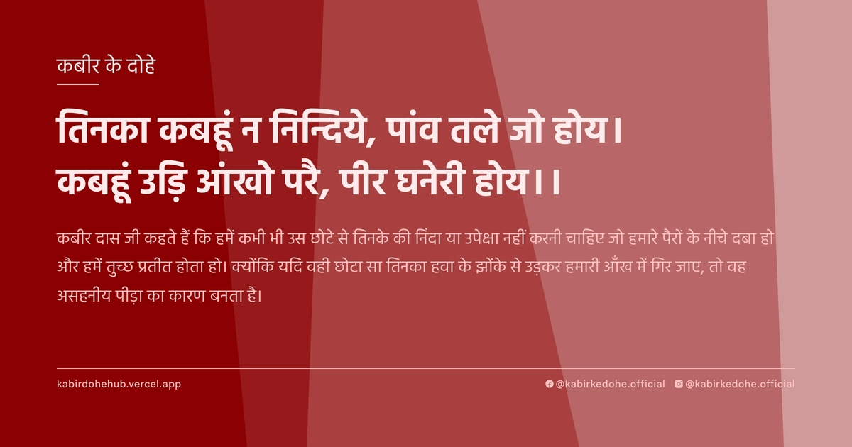 तिनका कबहूं न निन्दिये, पांव तले जो होय। कबहूं उड़‍ि आंखो परै, पीर घनेरी होय।।