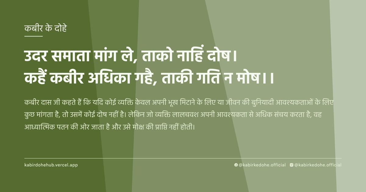 उदर समाता मांग ले, ताको नाहिं दोष। कहैं कबीर अधिका गहै, ताकी गति न मोष।।