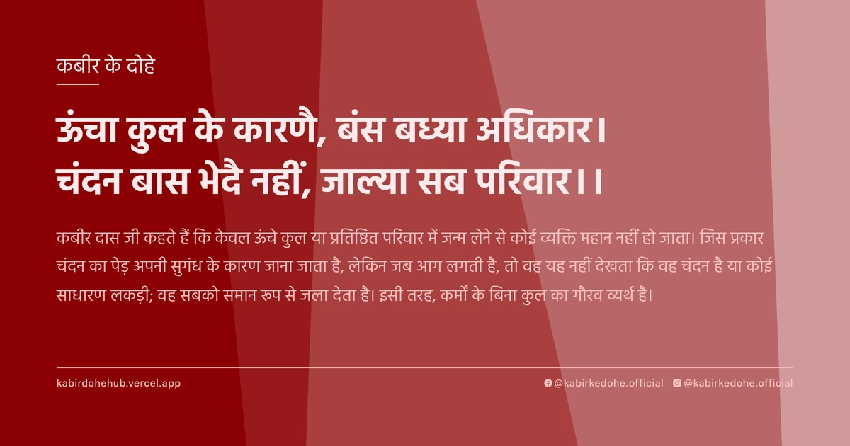 ऊंचा कुल के कारणै, बंस बध्‍या अधिकार। चंदन बास भेदै नहीं, जाल्‍या सब परिवार।।