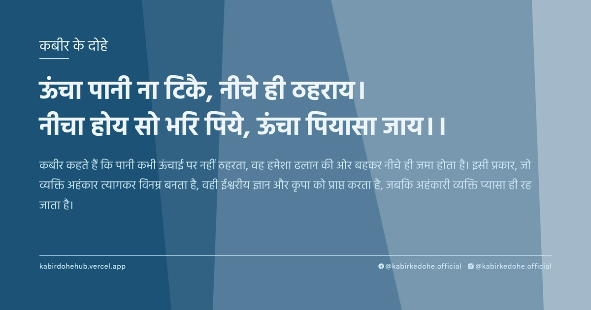 ऊंचा पानी ना टिकै, नीचे ही ठहराय। नीचा होय सो भरि पिये, ऊंचा पियासा जाय।।
