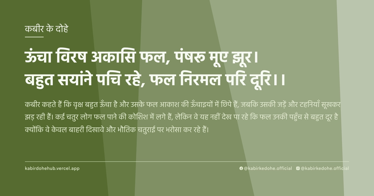ऊंचा विरष अकासि फल, पंषरू मूए झूर। बहुत सयांने पचि रहे, फल निरमल परि दूरि।।