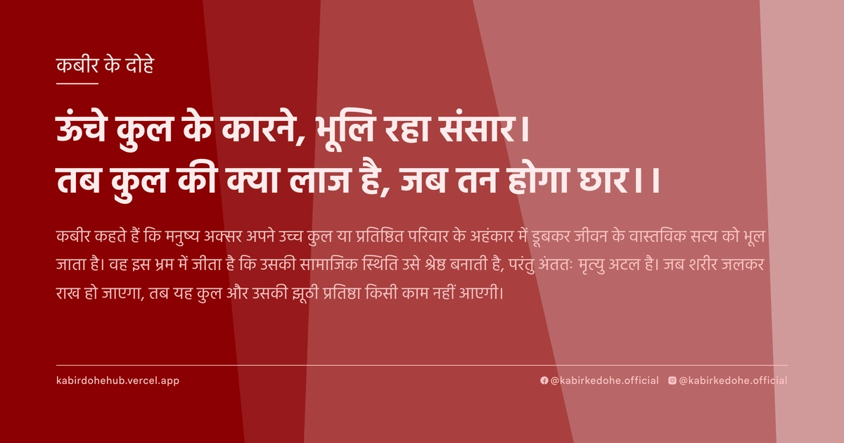 ऊंचे कुल के कारने, भूलि रहा संसार। तब कुल की क्या लाज है, जब तन होगा छार।।