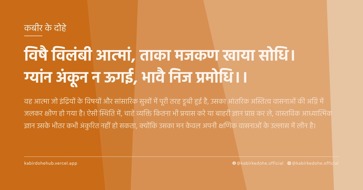 विषै विलंबी आत्‍मां, ताका मजकण खाया सोधि। ग्‍यांन अंकून न ऊगई, भावै निज प्रमोधि।।