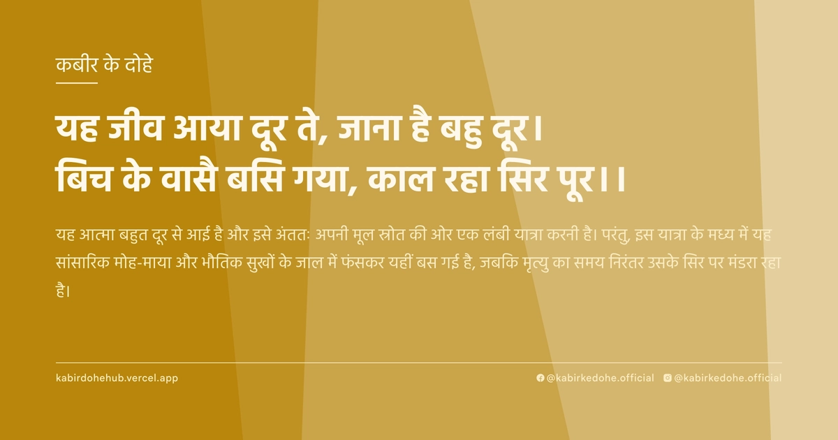 यह जीव आया दूर ते, जाना है बहु दूर। बिच के वासै बसि गया, काल रहा सिर पूर।।
