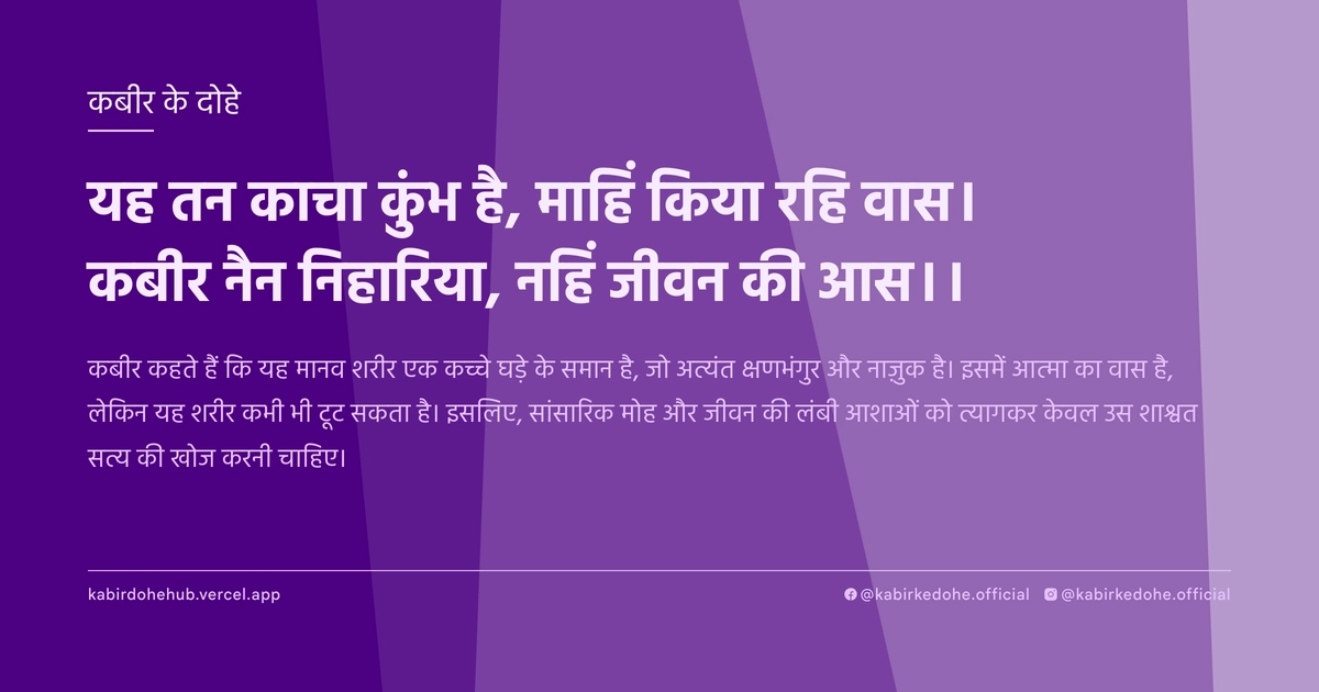 यह तन काचा कुंभ है, माहिं किया रहि वास। कबीर नैन निहारिया, नहिं जीवन की आस।।