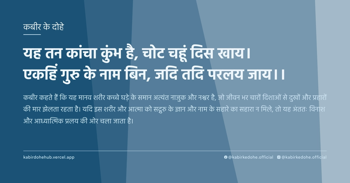 यह तन कांचा कुंभ है, चोट चहूं दिस खाय। एकहिं गुरु के नाम बिन, जदि तदि परलय जाय।।