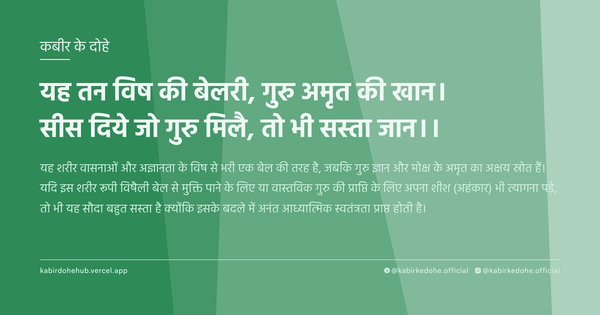 यह तन विष की बेलरी, गुरु अमृत की खान। सीस दिये जो गुरु मिलै, तो भी सस्ता जान।।